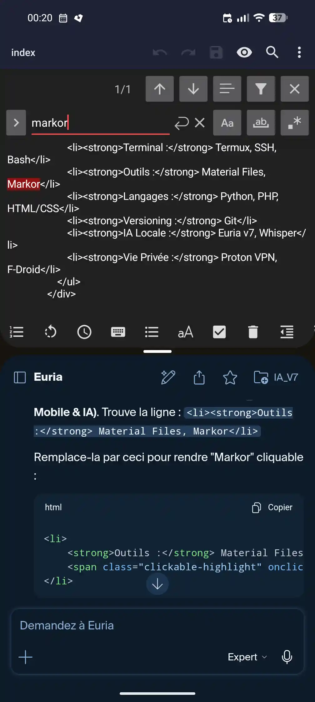 Édition du CV en temps réel avec Markor